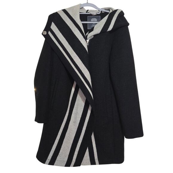 VINCE CAMUTO Wool Blend Striped Asymmetrical Hooded Long Coat Small Black Gray - Picture 1 of 16